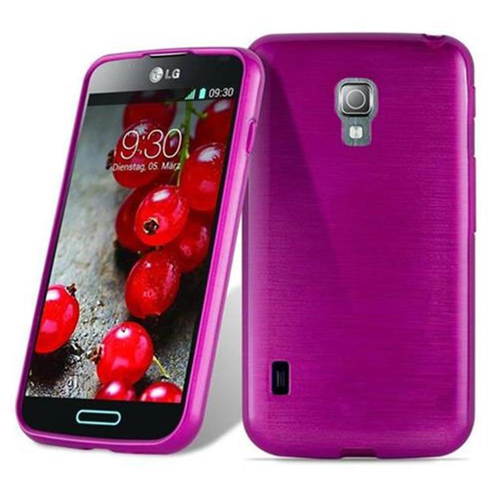 Lila Telefon mit Hülle, zeigt einen Bildschirm mit Beeren und der Uhrzeit.