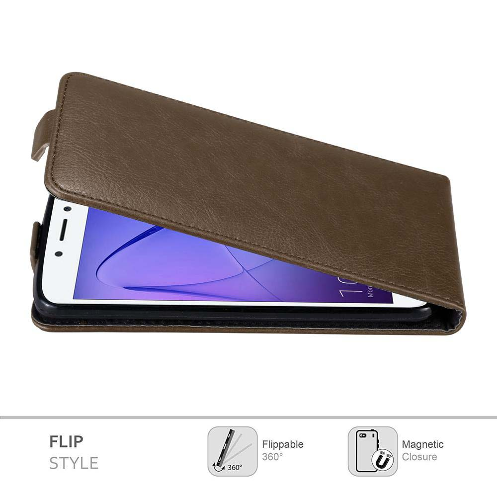 Custodia in pelle marrone, aperta, che rivela lo schermo di un telefono. Testo sullo stile flip e la chiusura magnetica.