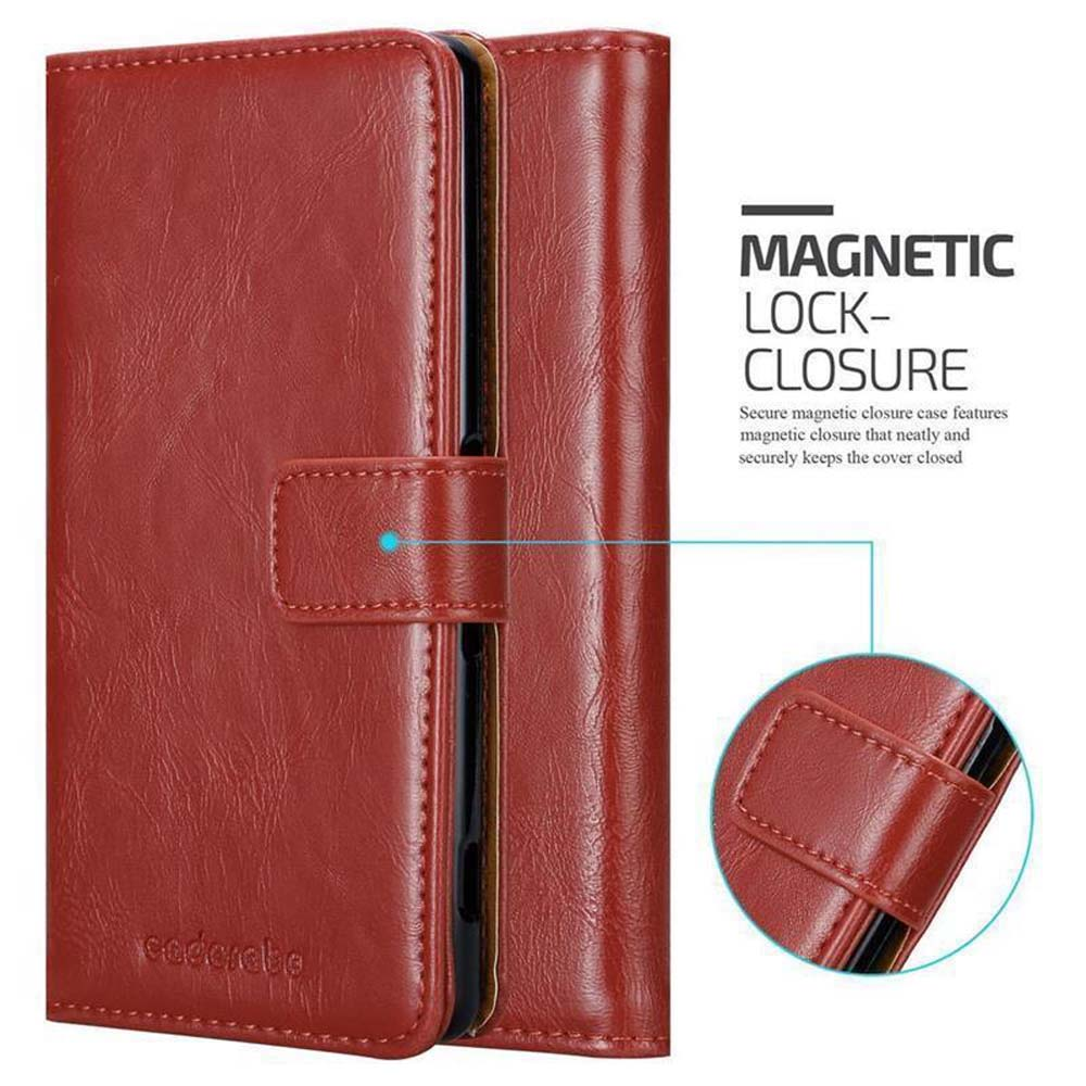 Funda de teléfono de cuero rojo con cierre magnético. La funda está cerrada. Texto: Cierre magnético. Detalles en la esquina.