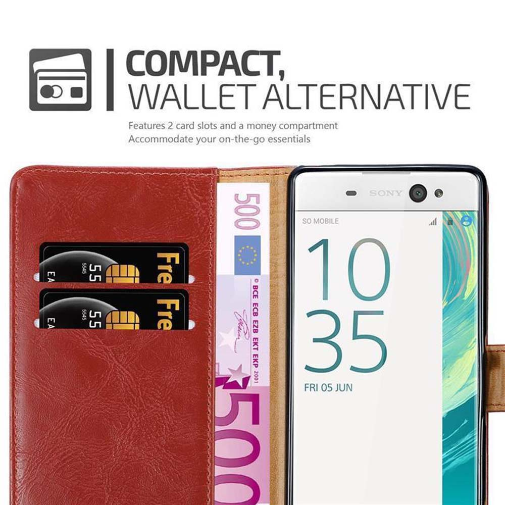Una funda tipo cartera roja con un teléfono dentro. Muestra ranuras para tarjetas y dinero.