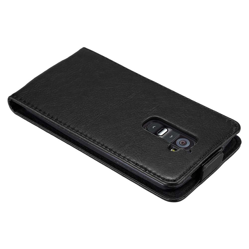 Custodia per telefono nera, aperta. Il telefono è nella custodia. La custodia ha ritagli per fotocamera e pulsanti.