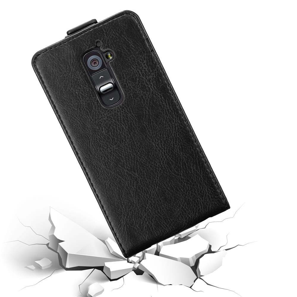 Custodia nera per telefono angolata su una superficie bianca, con crepe, come se cadesse. La custodia protegge un telefono nero.