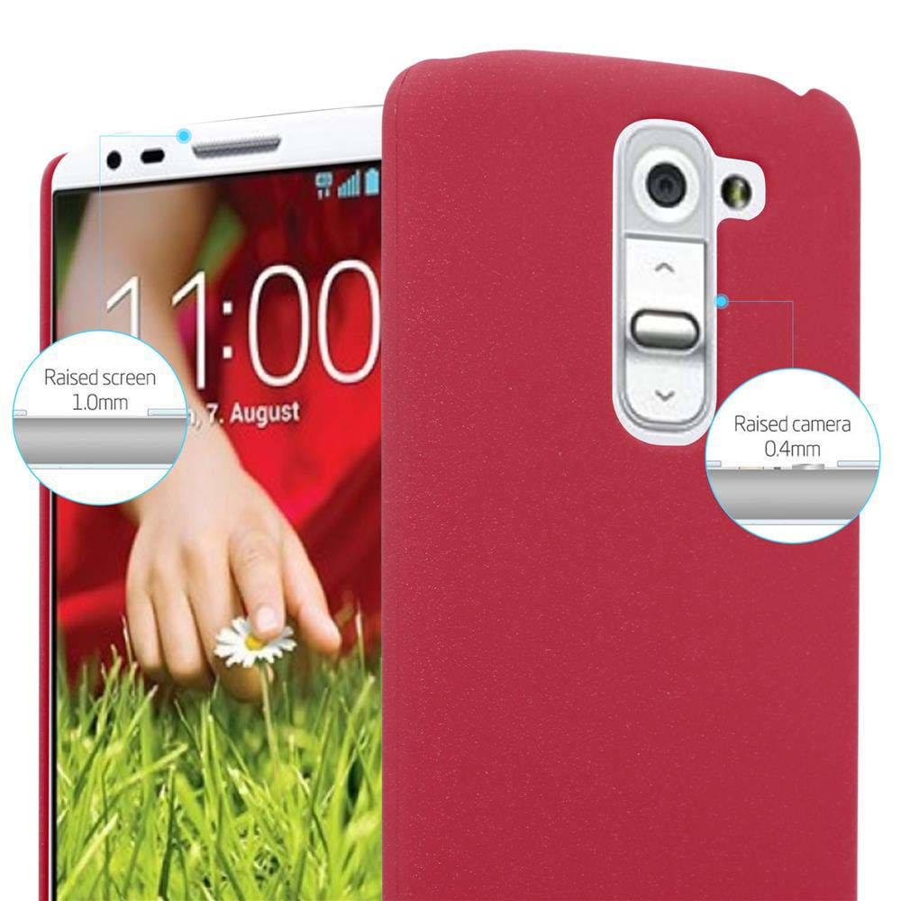 Telefono e custodia rossi. Lo schermo e la fotocamera sono etichettati con schermo e fotocamera rialzati.