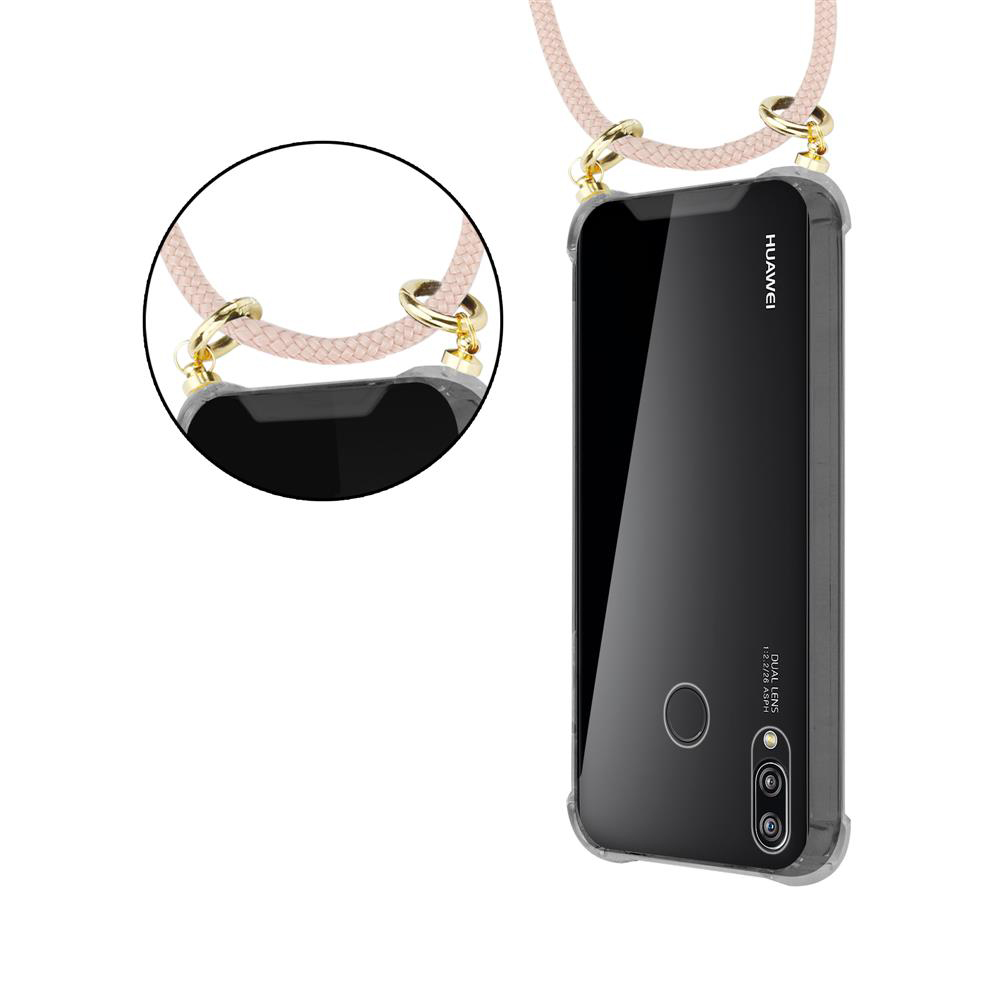 Un telefono con un cordino attaccato, in una custodia con il retro trasparente e un cordino rosa.