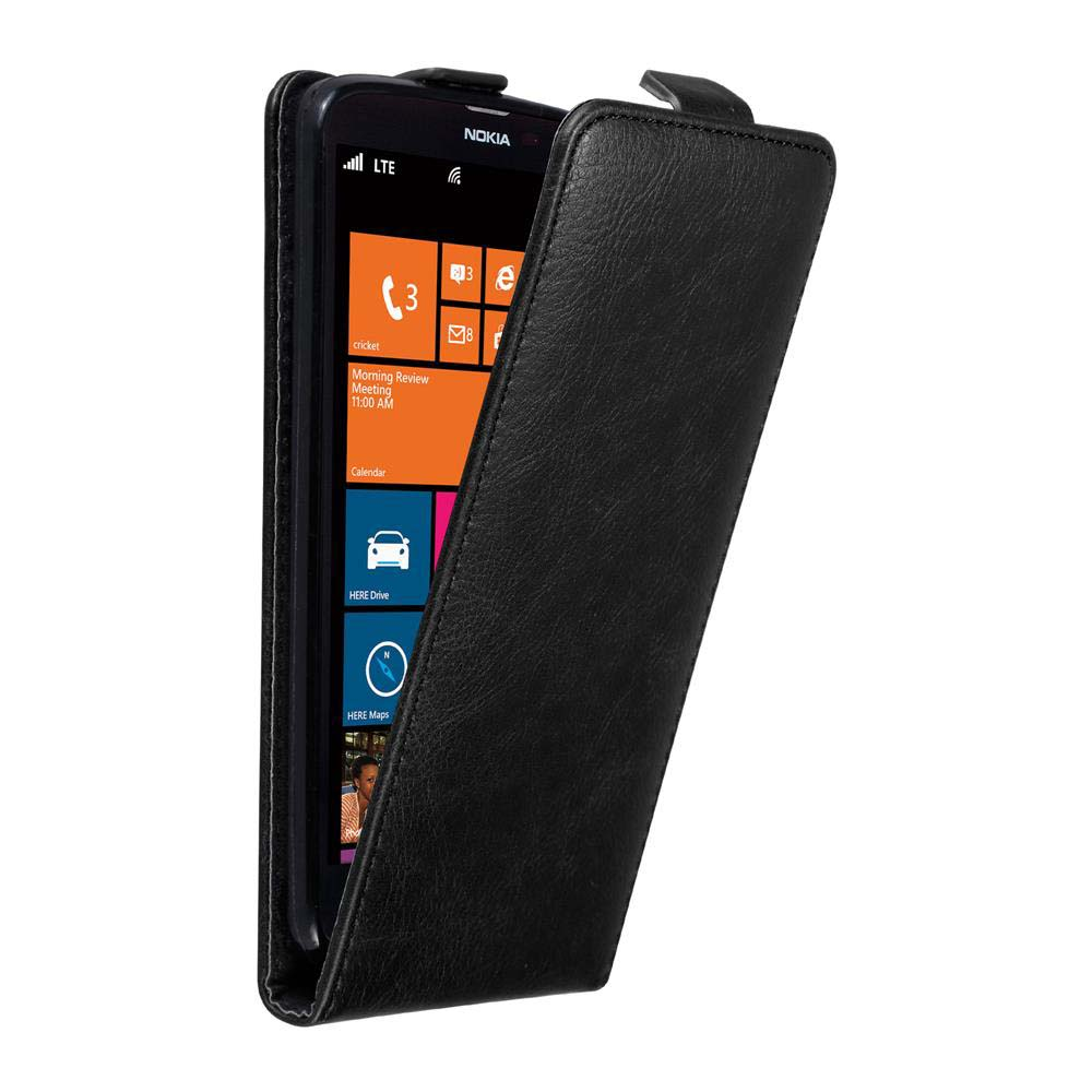Schwarze Leder-Handyhülle, offen, mit Telefon, das die Oberfläche anzeigt. Weißer Hintergrund.