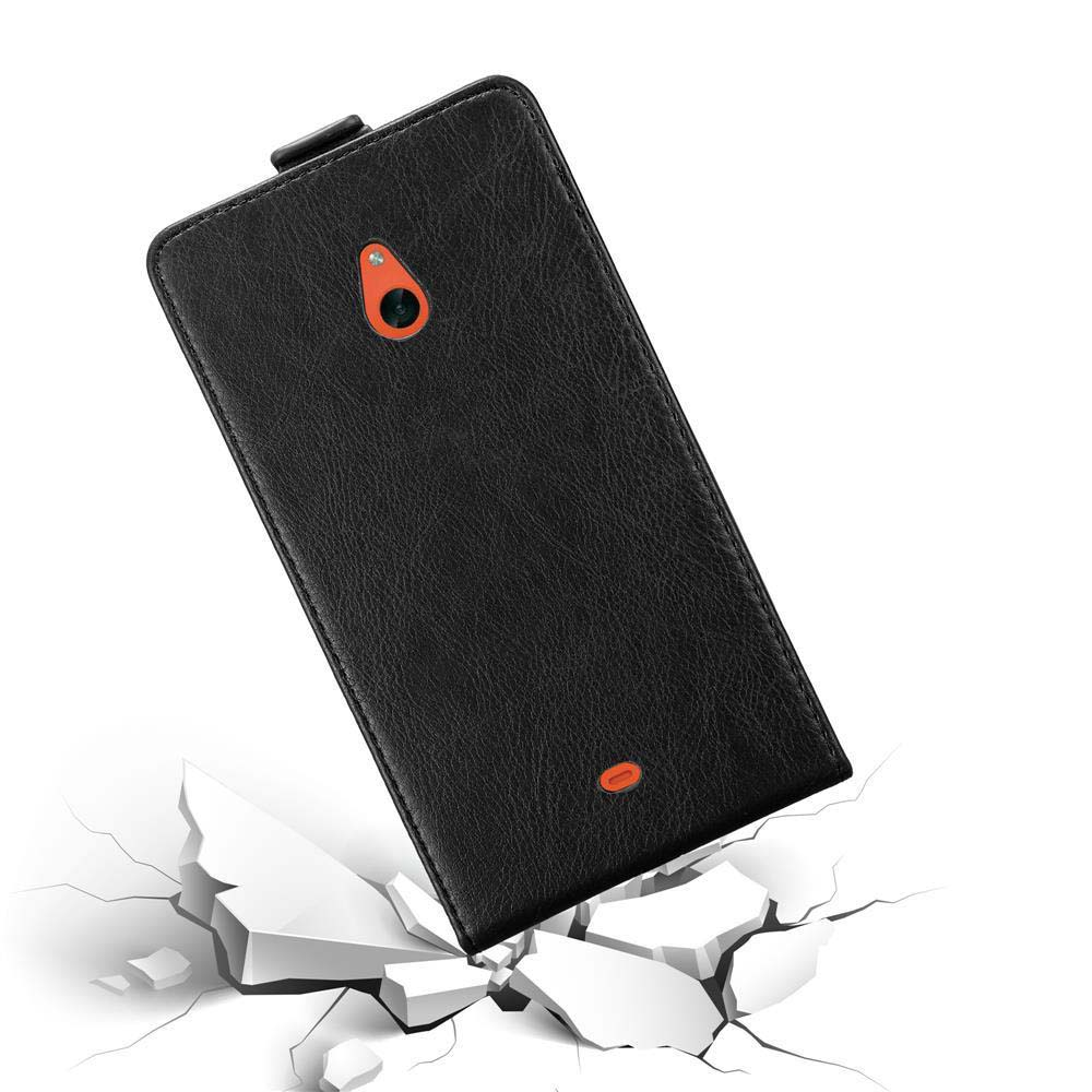 Schwarze Handyhülle geöffnet, fällt auf zerbrochenen Boden. Orange Kamera. Text unlesbar.