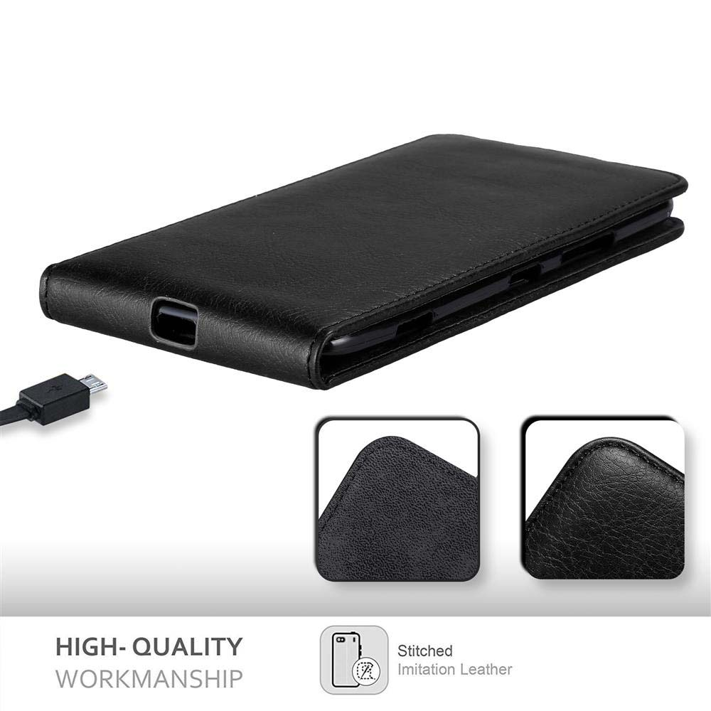 Schwarze Handyhülle, geschlossen. Die Handyhülle hat einen USB-Ladeanschluss und Details zur hochwertigen Verarbeitung.
