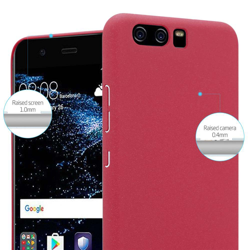 Custodia rossa su un telefono, che mostra schermo e fotocamera rialzati. Vengono fornite le misure.
