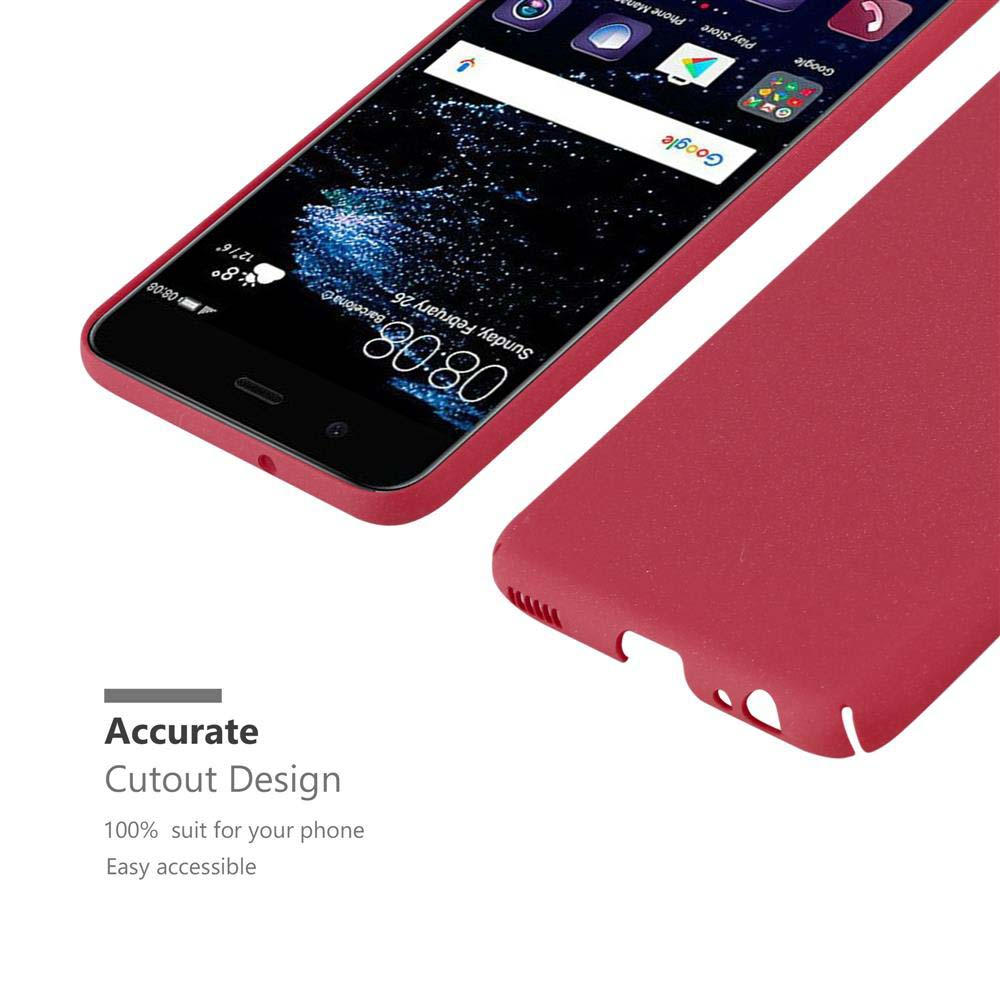 Custodia rossa con telefono all'interno. Il telefono mostra ora e meteo.