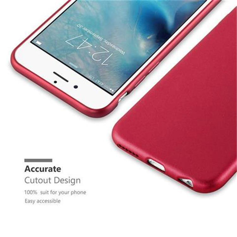 Due telefoni e una custodia. La custodia è rossa. Un telefono mostra l'ora. Testo: Design preciso.