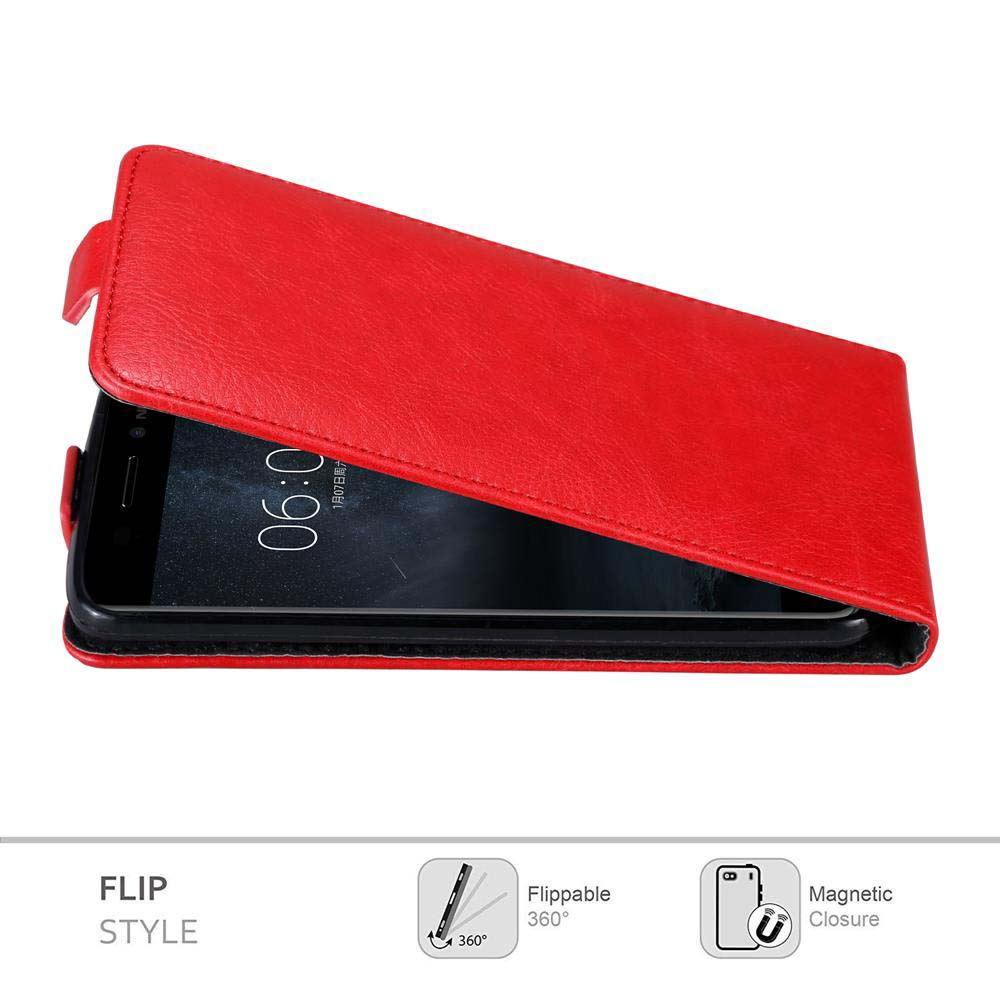 Custodia rossa aperta che mostra un telefono all'interno. È a libro. Sfondo bianco.