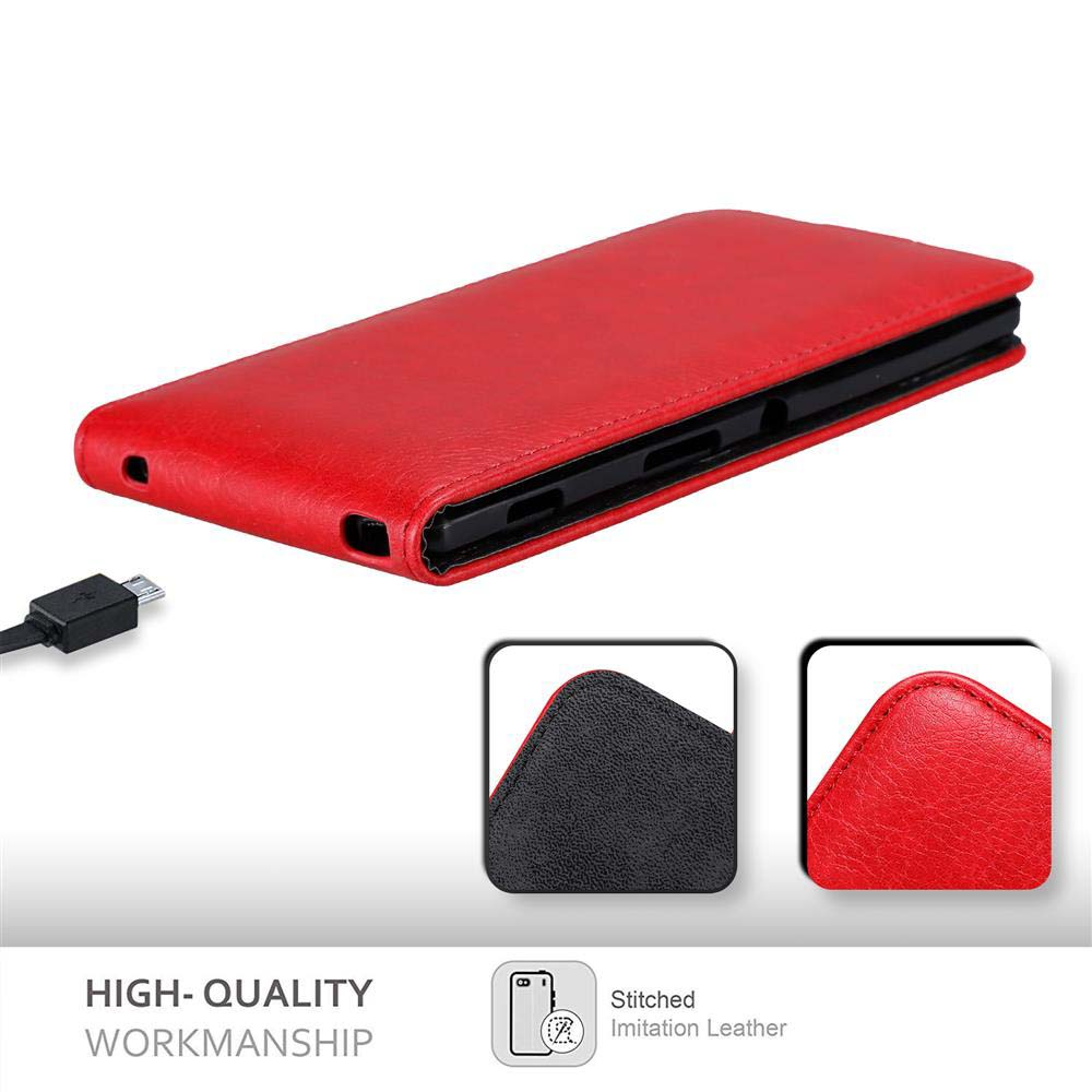 Una funda roja para teléfono está abierta, con un teléfono dentro. La funda tiene un tarjetero.