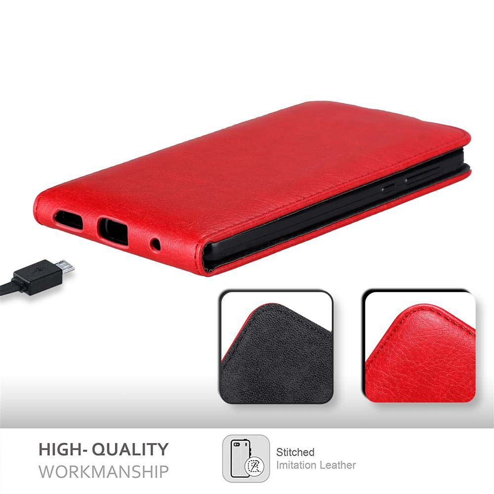 Custodia in pelle rossa con telefono nero all'interno e cavo USB-C.