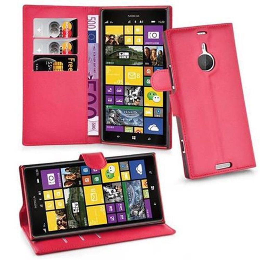 Una custodia per telefono rosa che si apre come un portafoglio. Un telefono si trova all'interno, con carte e denaro.
