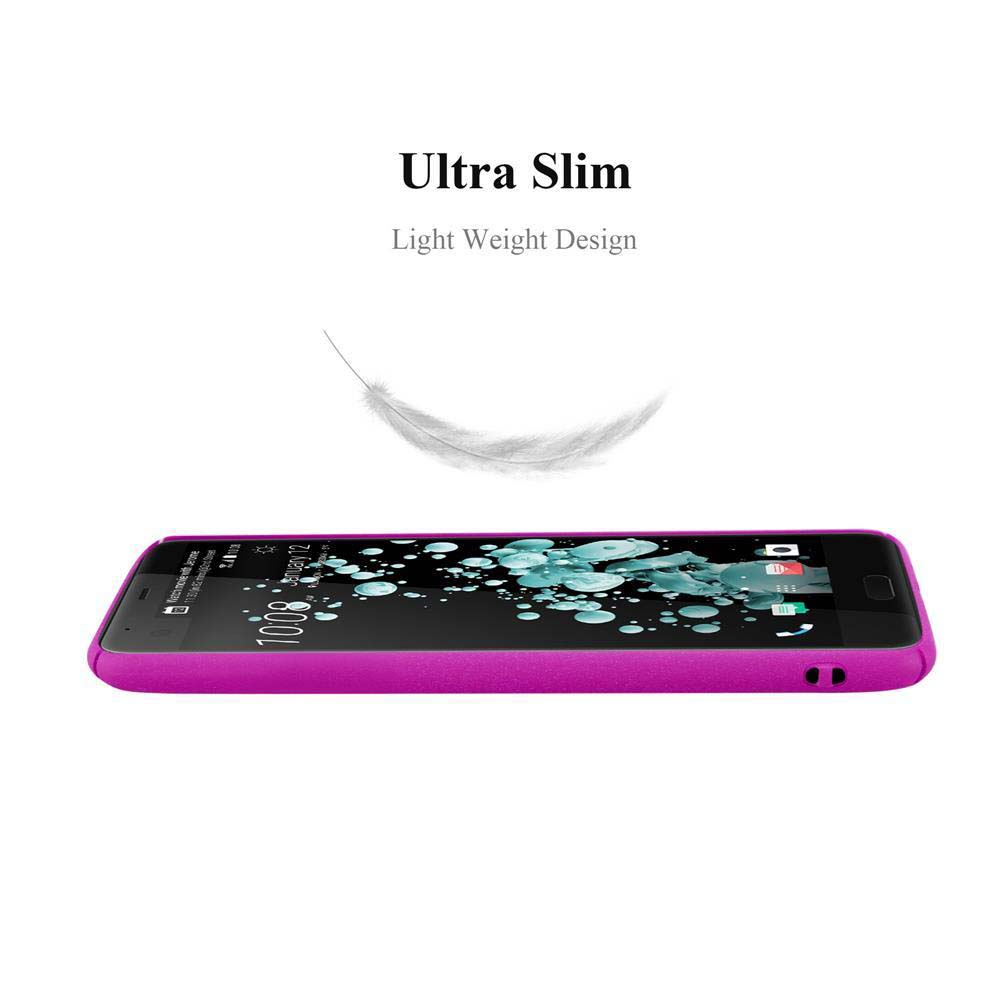Ein lila Telefon in einer leichten Hülle, das mit einer Feder schwebt.