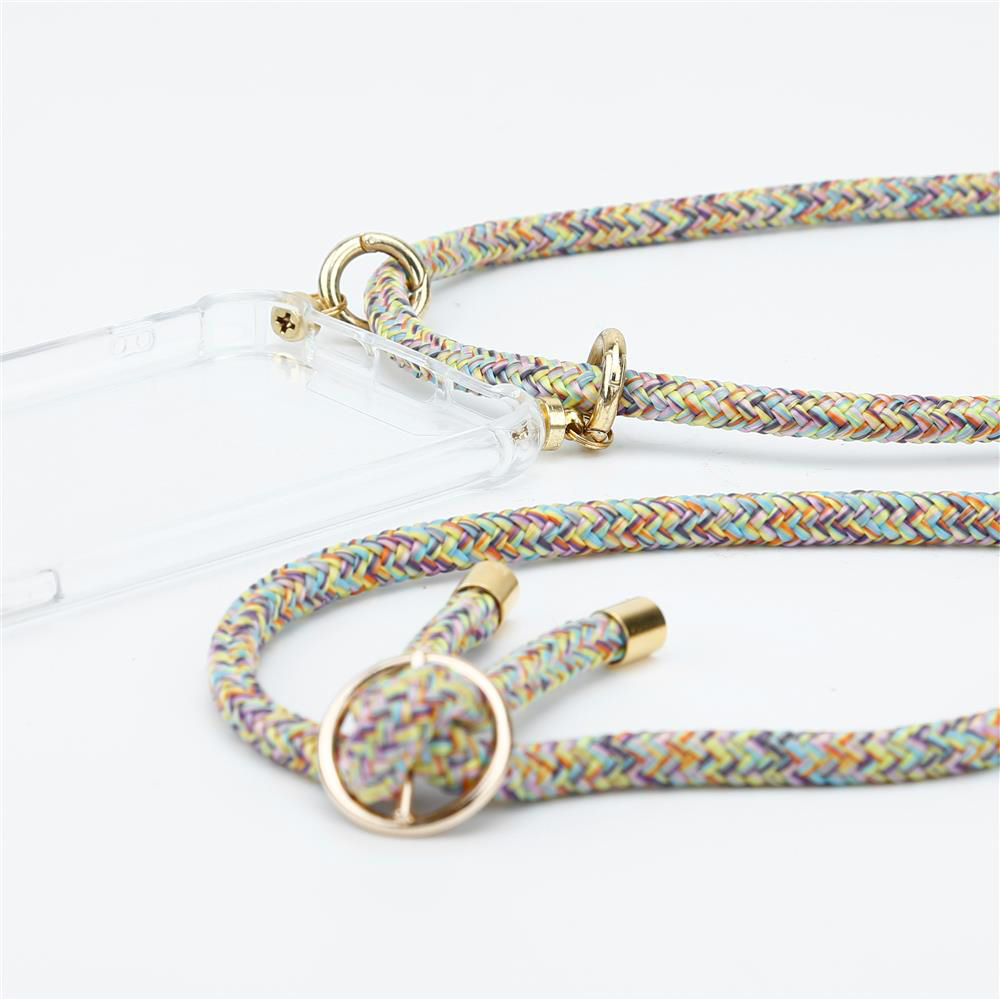 Custodia trasparente con corda multicolore. Dettagli dorati. Sfondo bianco.