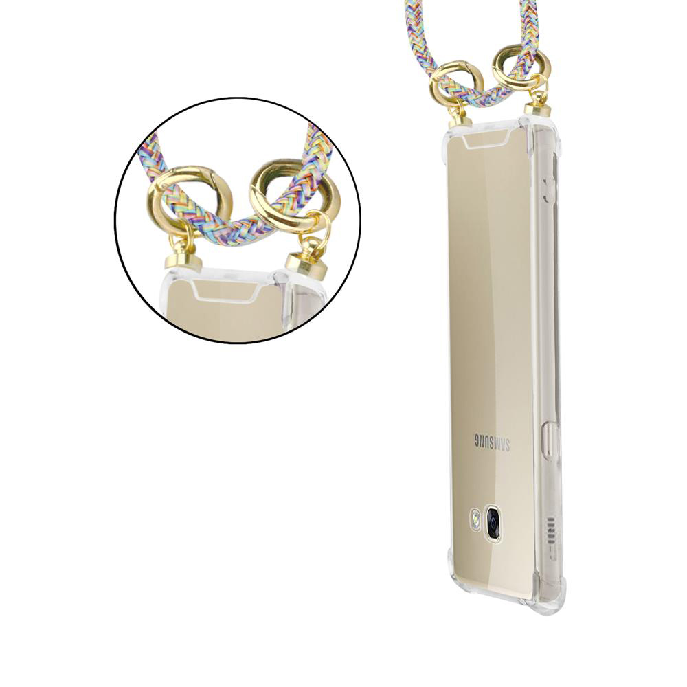 Custodia trasparente per telefono con cinturino colorato. Sfondo bianco.