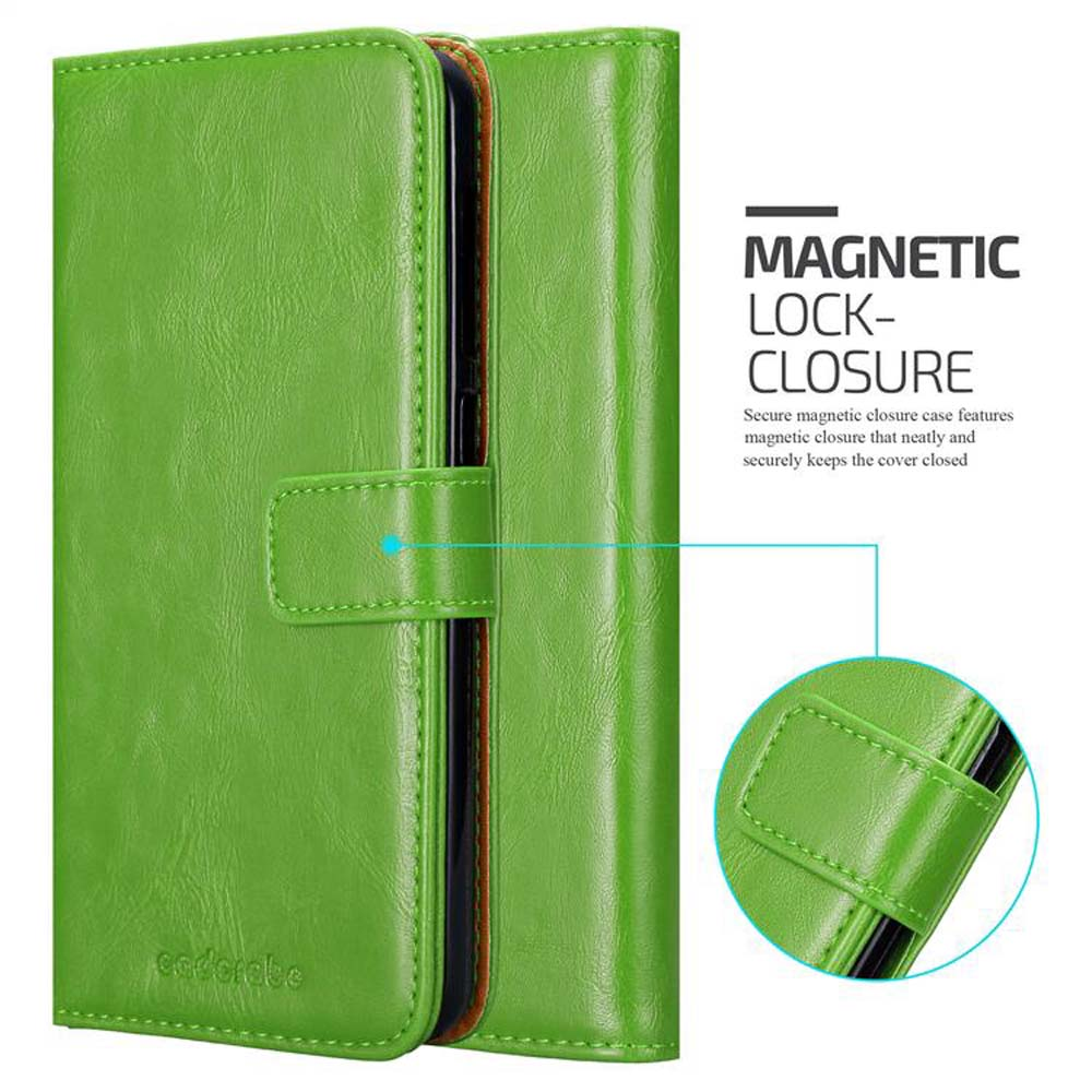 Custodia per telefono verde aperta, che mostra l'interno. Testo: Chiusura magnetica, sicura.