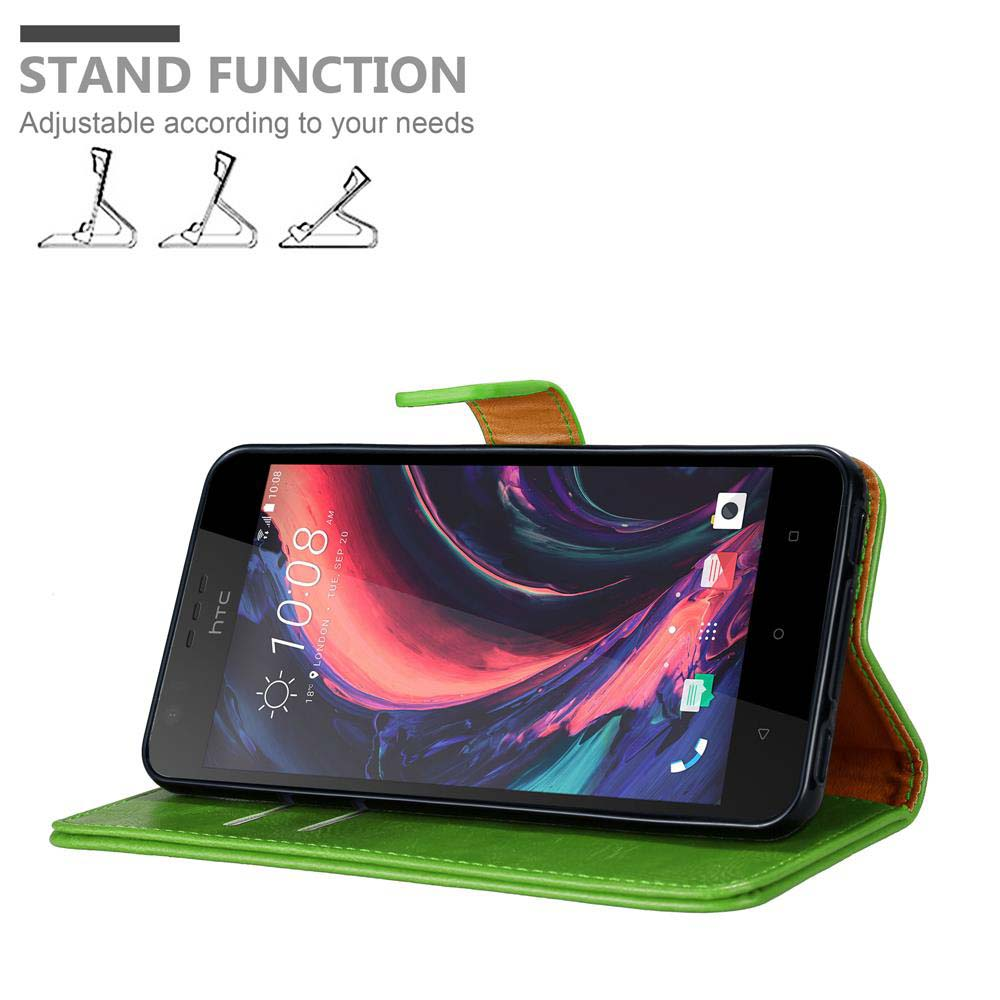 Supporto per custodia per telefono verde con un telefono sopra. Testo: Funzione supporto. Regolabile.