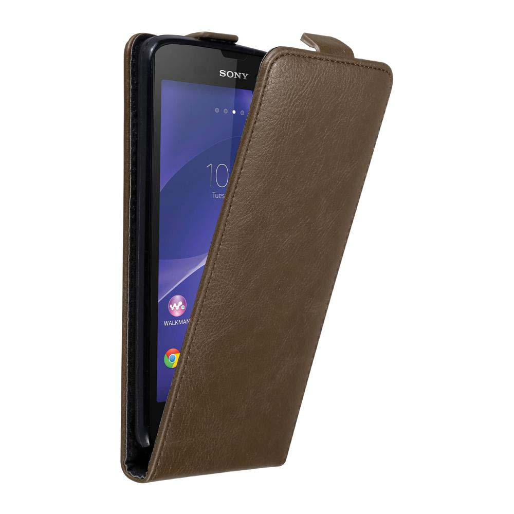 Funda de cuero marrón, abierta con teléfono dentro. Logotipo Sony Walkman visible.
