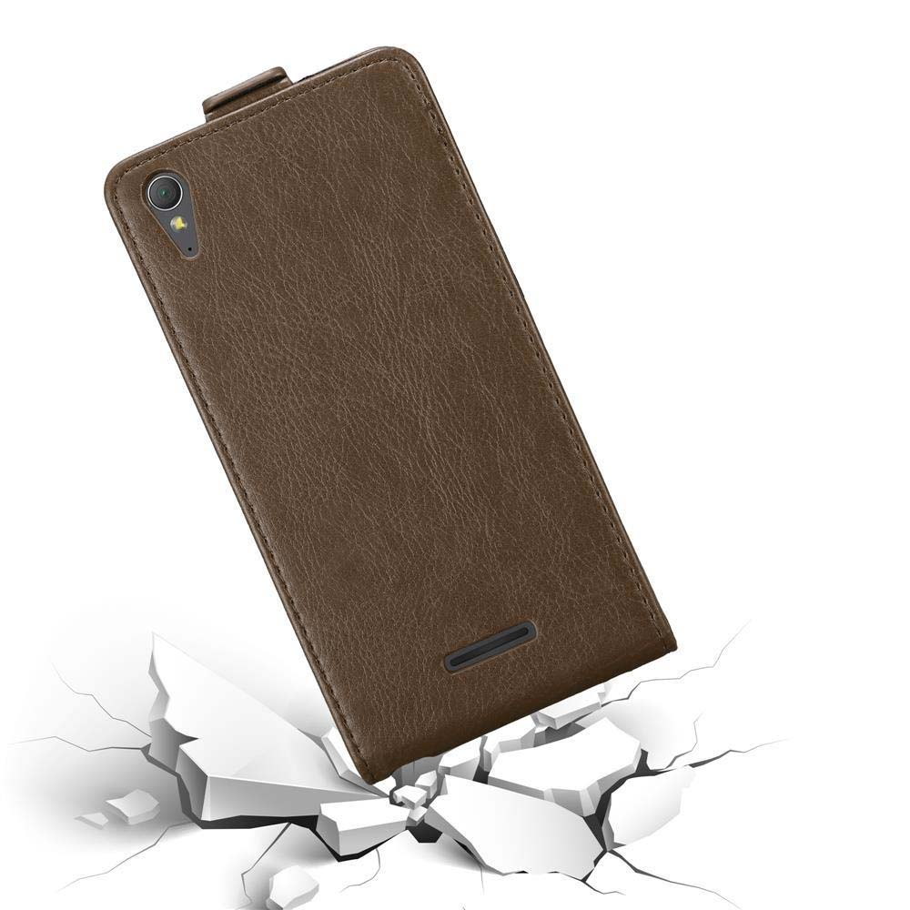 Funda de teléfono marrón cayendo sobre suelo agrietado. Primer plano de la funda del teléfono.