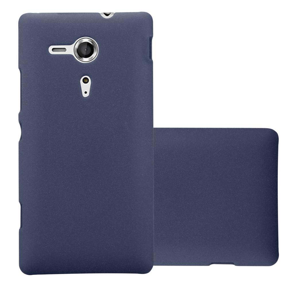 Dos fundas azules para teléfono, una con cámara. Fondo blanco.