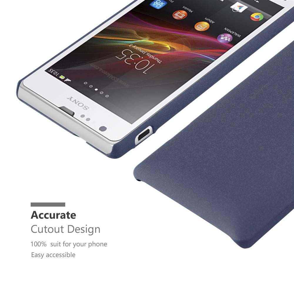 Un teléfono Sony blanco está colocado a la izquierda, con una funda azul a la derecha. El texto sobre el teléfono está abajo.