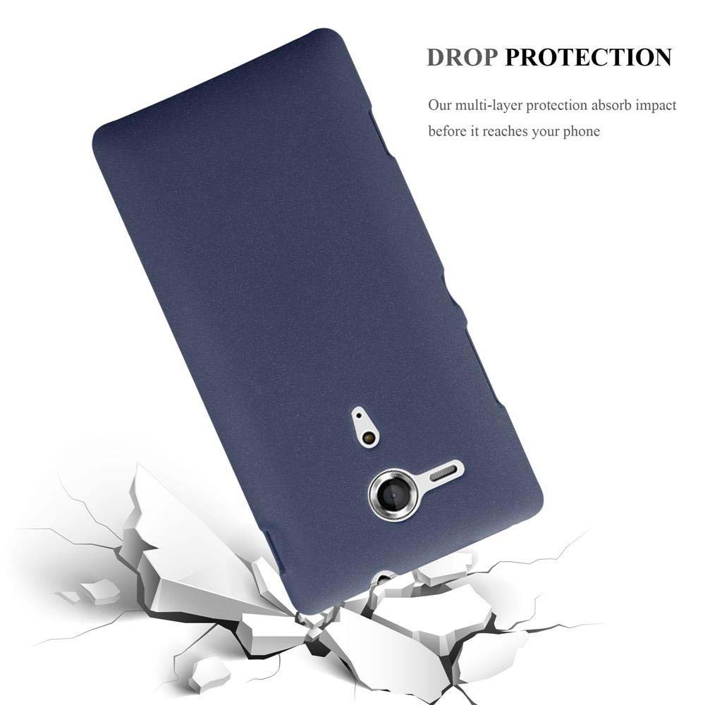 Una funda azul para teléfono cae sobre una superficie blanca, con el suelo rompiéndose.
