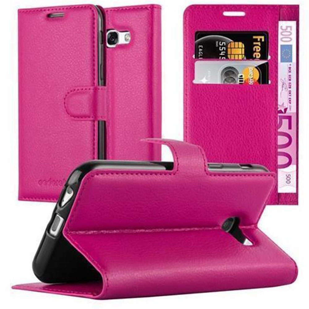 Rosa Handyhülle mit geöffneter und geschlossener Ansicht, mit Telefon und Kartenfächern.