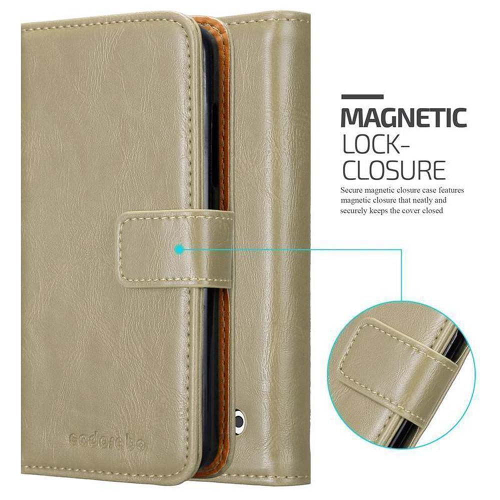 Custodia beige con chiusura magnetica. Un telefono all'interno. La custodia ha uno slot per schede.