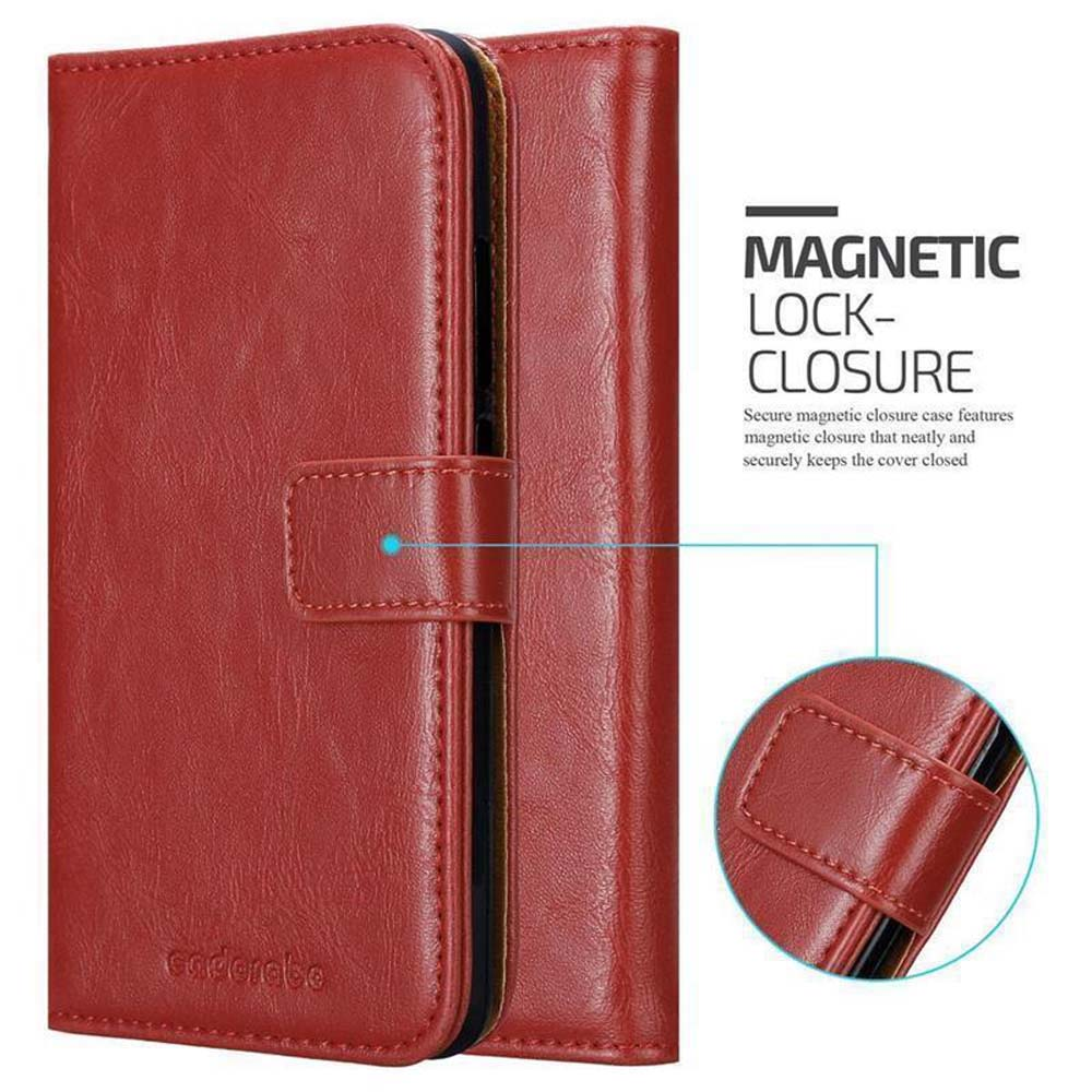 Rote Leder-Handyhülle mit Magnetverschluss. Nahaufnahme der Hülle und des Logos.