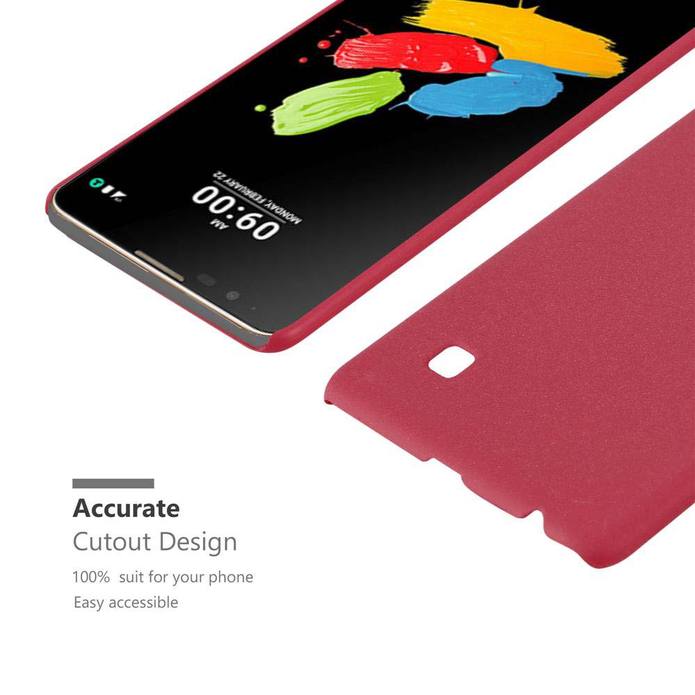 Rotes Telefon mit Hülle, farbenfrohes Display. Text: Präzises Ausschnittdesign.