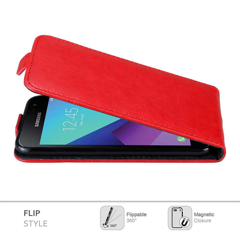 Rote Flip-Handyhülle geöffnet, zeigt ein Telefon. Text sagt 'Flip Style'. Symbole zeigen Klappbarkeit und Magnetverschluss.
