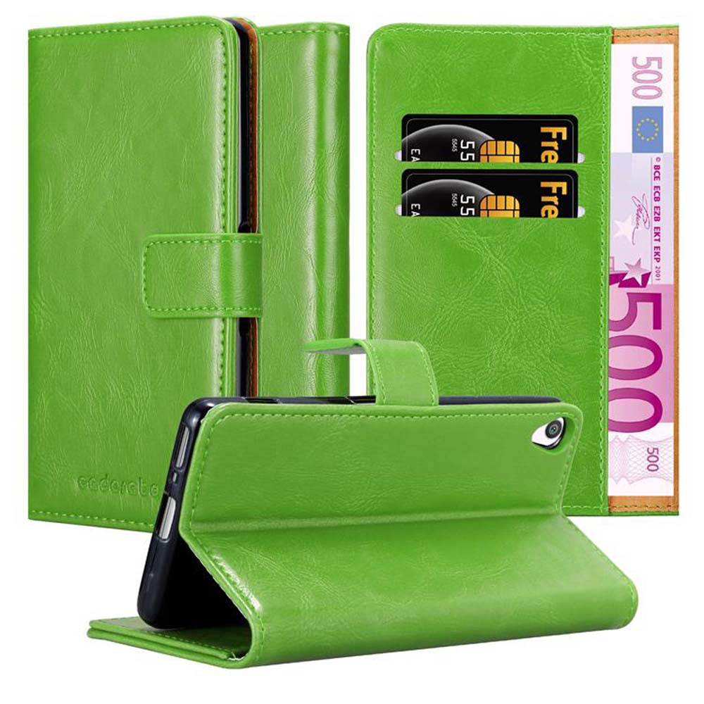Funda verde para teléfono con tarjetas y un teléfono. Se ve un billete de 500 euros.
