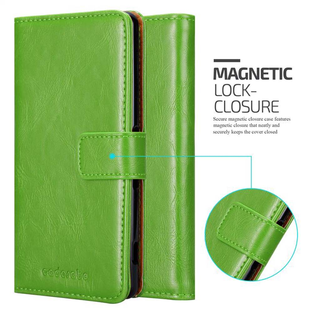 Funda de teléfono verde con cierre magnético. La funda está cerrada con una correa.