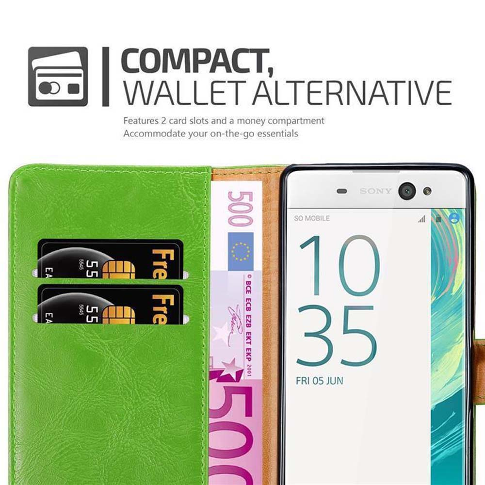 Teléfono en una funda billetera verde con ranuras para tarjetas y compartimento para dinero, mostrando un teléfono Sony.