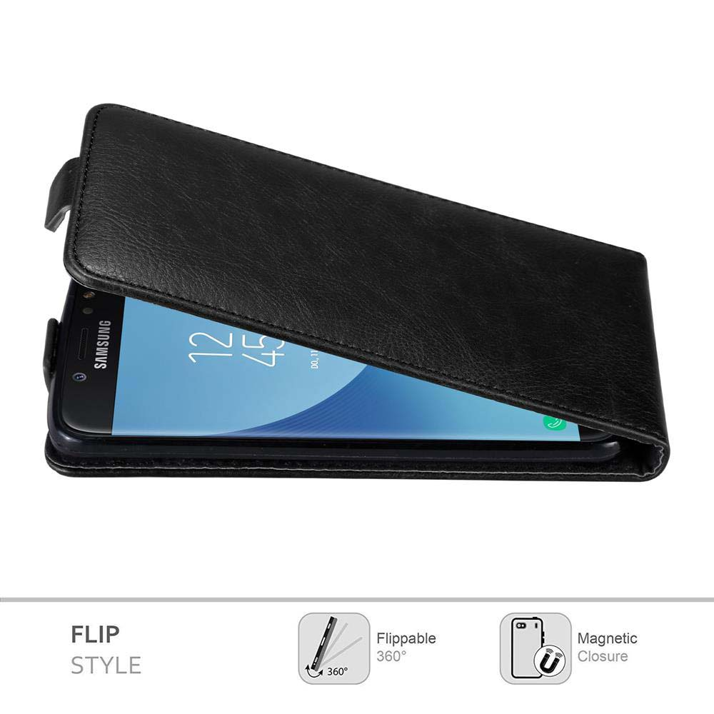 Ein schwarzes Telefon in einer Flip-Hülle, mit Magnetverschluss und umklappbarem Design.