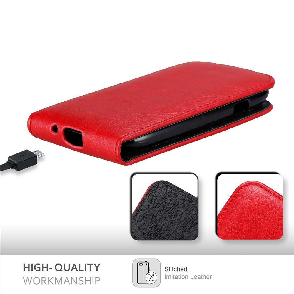 Eine rote Leder-Handyhülle mit Ladeanschluss. Zwei Einsätze zeigen Nähte und Materialdetails.