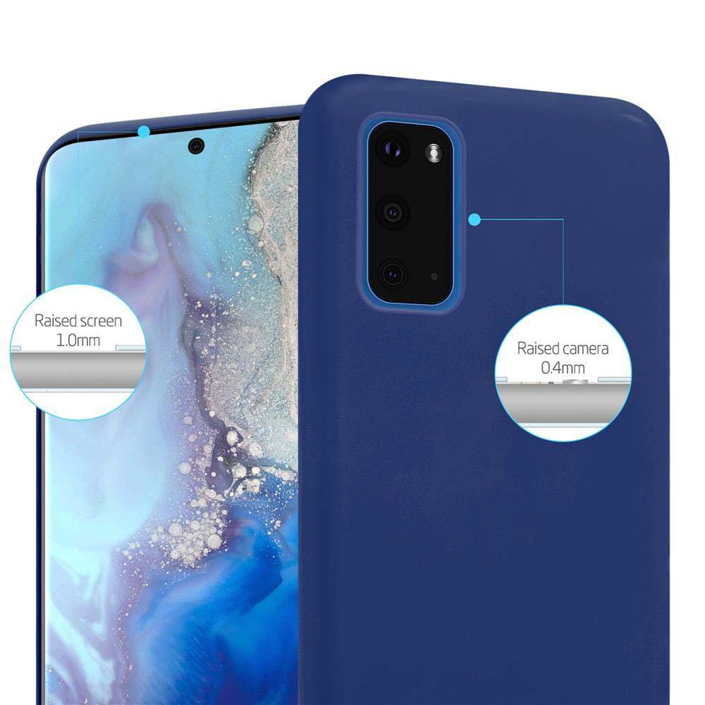 Primo piano di una custodia blu per telefono. Mostra schermo e fotocamera rialzati, retro visibile.