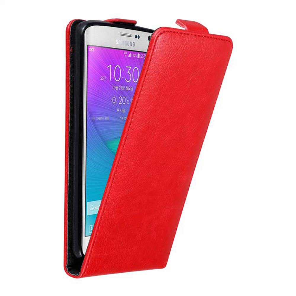Custodia rossa per telefono con telefono dentro. Il telefono mostra lo schermo.