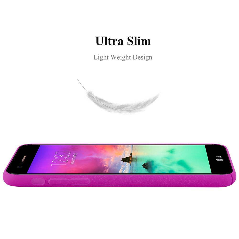 Ein pinkfarbenes Telefon in einer Hülle ist von der Seite zu sehen. Text sagt 'Ultra Slim Light Weight Design' mit einer Feder.