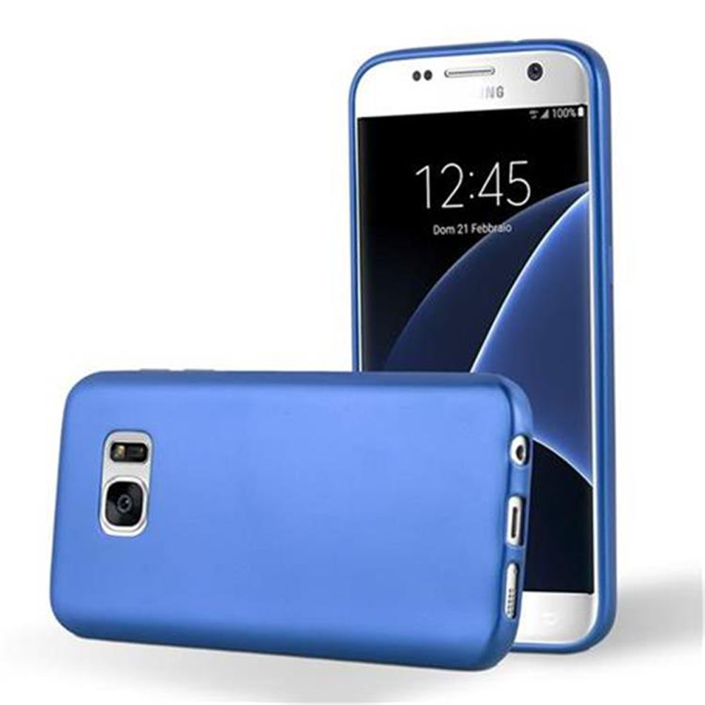 Funda azul para teléfono con un teléfono dentro. El teléfono muestra las 12:45.