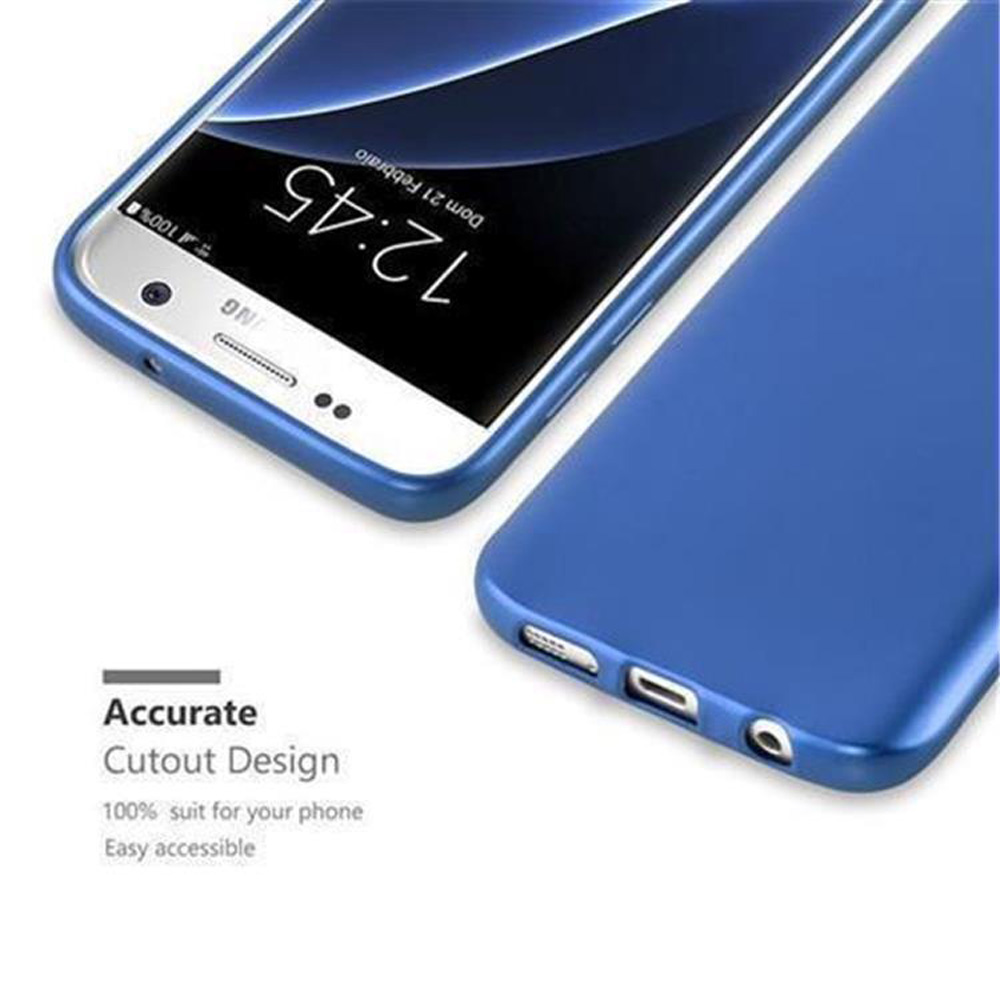 Funda azul con un teléfono dentro. El teléfono muestra la hora y la fecha.