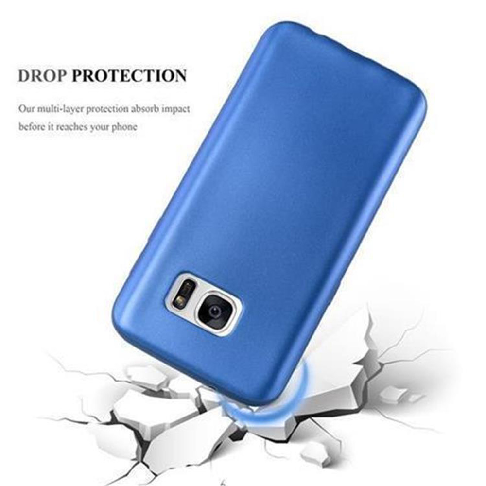 Funda de teléfono azul con teléfono sobre una superficie rota para demostrar la protección contra caídas.