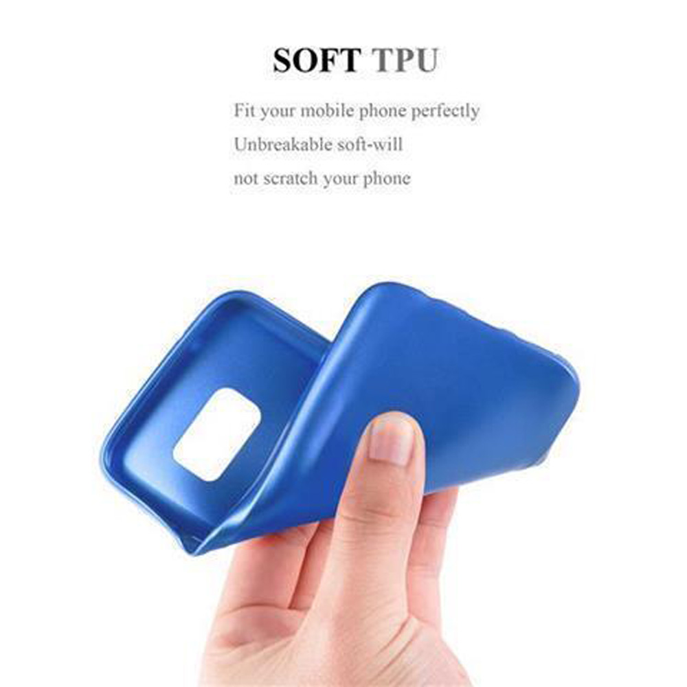 Mano sosteniendo una funda azul. Texto: TPU suave, ajuste perfecto, irrompible, no raya.