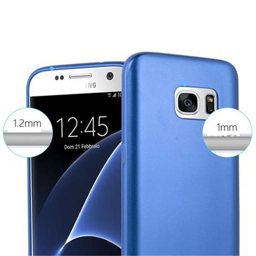 Funda azul para teléfono con smartphone. La pantalla muestra la hora y la fecha. Cámara visible.