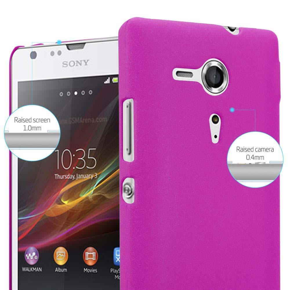 Funda rosa para teléfono y teléfono. Texto y círculos indican áreas elevadas de pantalla y cámara.