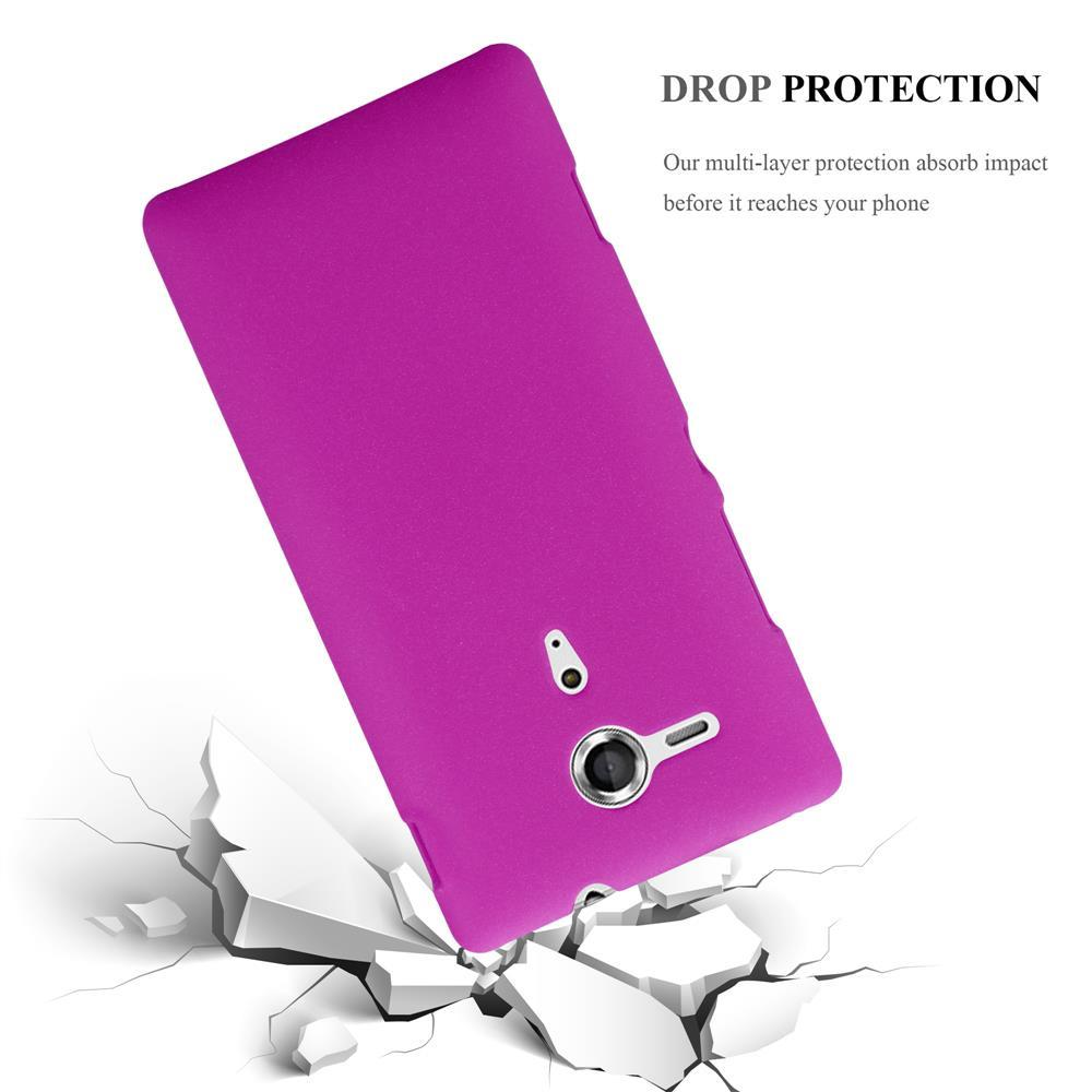 Funda de teléfono morada, cayendo con teléfono, rompiendo el suelo.