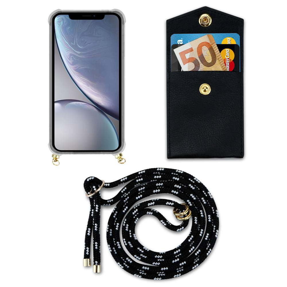Un telefono in una custodia con cinturino. La custodia ha una sezione portafoglio con carte e un cinturino.
