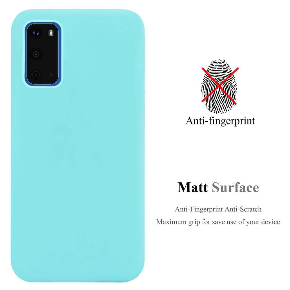 Custodia per telefono azzurra. La custodia è su sfondo bianco, con un'impronta digitale e del testo.